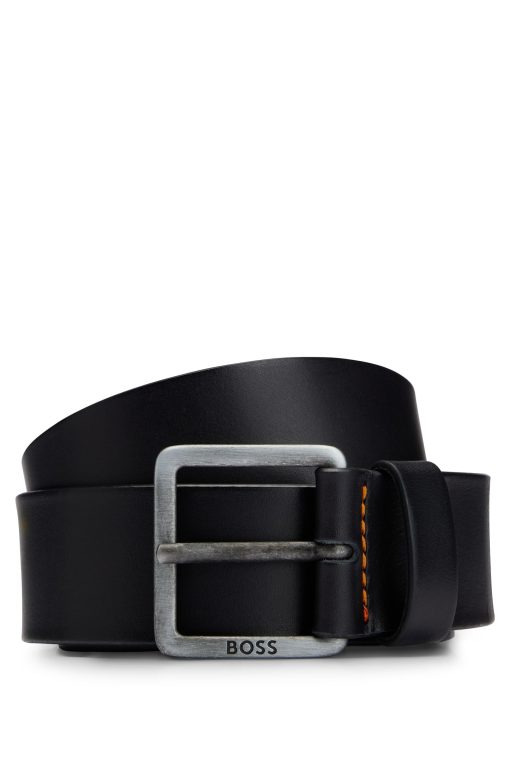 Hugo Boss Belts-Leather belt with logo and dark ruthenium hardware-boss outlet