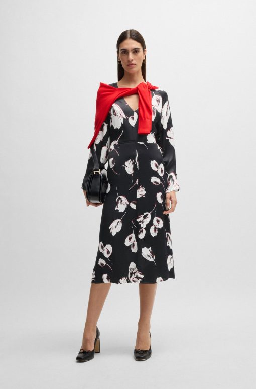 Hugo Boss Dresses-Satin V-neck dress with tulip print-boss hugo