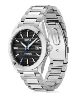 Hugo Boss Watches-Silver-tone watch with black grooved dial-hugo boss sale 2