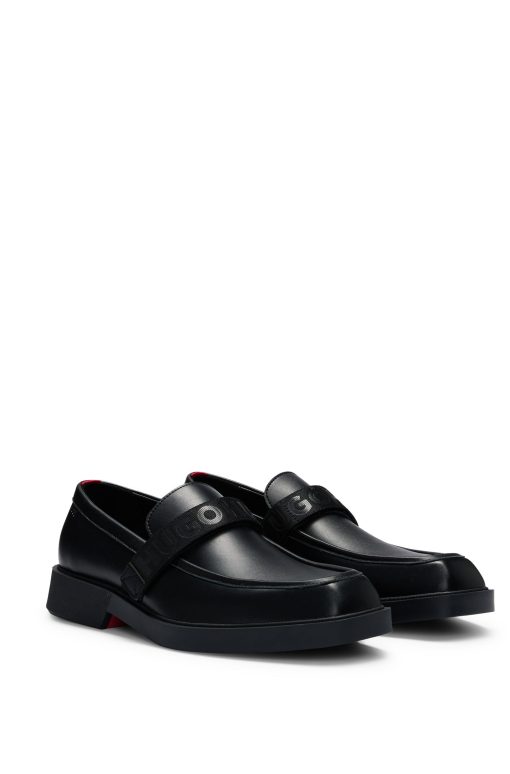 Hugo Boss Business Shoes-Leather loafers with branded riptape strap-boss near me