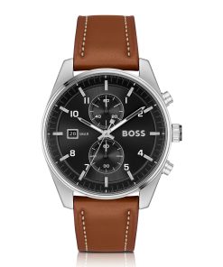 Hugo Boss Watches-Black-dial chronograph watch with brown leather strap-hugo boss outlet