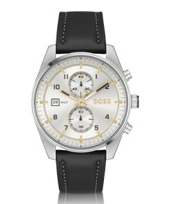 Hugo Boss Watches-Pilot-inspired chronograph watch with black leather strap-hugo