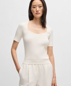 Hugo Boss Sweaters and Cardigans-Square-neck short-sleeved sweater in ribbed stretch fabric-boss outlet