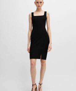 Hugo Boss Dresses-Square-neck dress in stretch material with front slit-hugo boss store 2