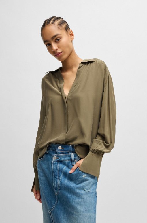 Hugo Boss Blouses-Relaxed-fit blouse with concealed placket and point collar-boss near me