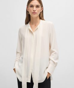 Hugo Boss Blouses-Regular-fit blouse in silk with bow-tie collar-hugo boss sale