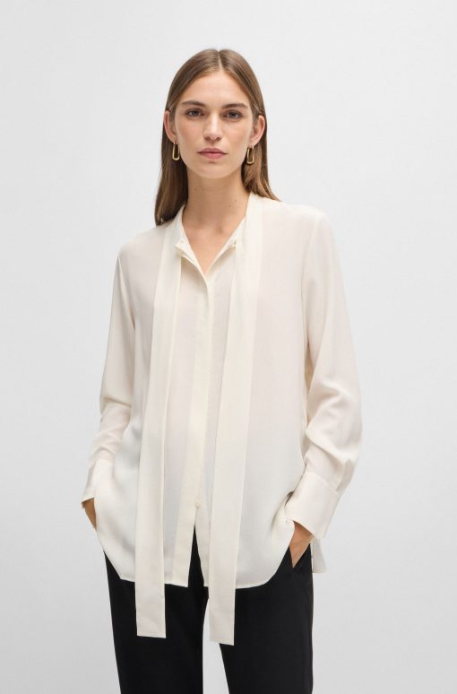 Hugo Boss Blouses-Regular-fit blouse in silk with bow-tie collar-hugo boss sale