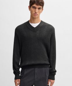 Hugo Boss Sweaters and Cardigans-Mixed-structure V-neck sweater in wool-hugo by hugo boss