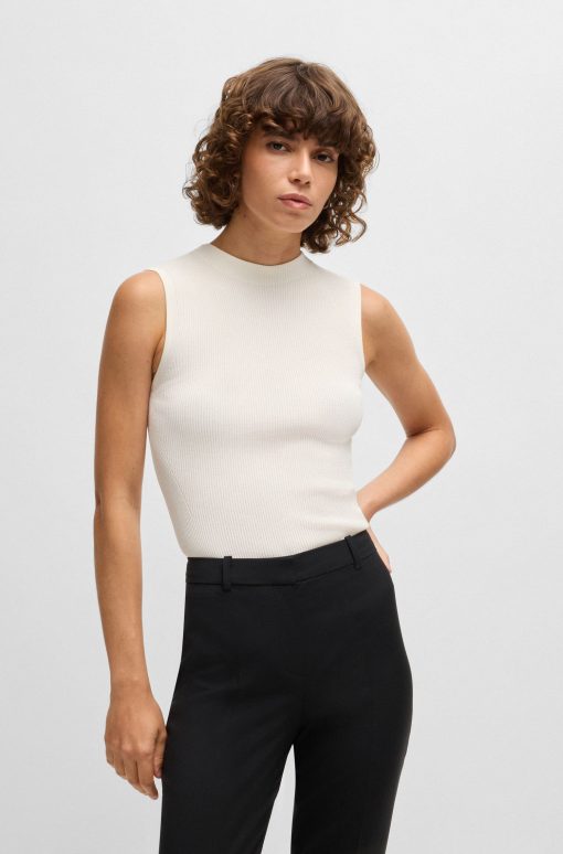 Hugo Boss-Sleeveless mock-neck top in ribbed fabric-boss store near me