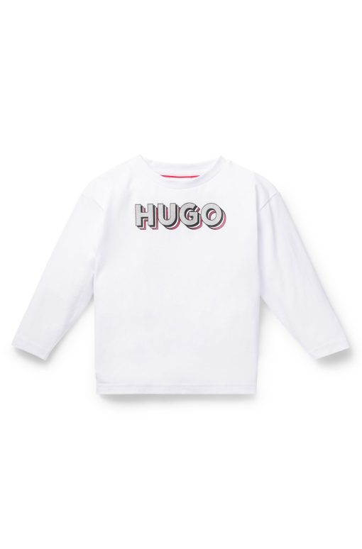 Hugo Boss-Kids' long-sleeved cotton T-shirt with glitter-effect logo-hugo boss outlet