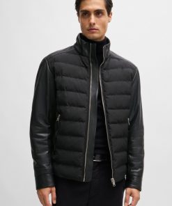 Hugo Boss Jackets and Coats-Mixed-material regular-fit jacket with leather sleeves-boss outlet