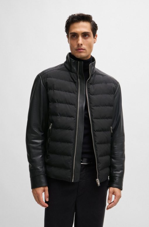 Hugo Boss Jackets and Coats-Mixed-material regular-fit jacket with leather sleeves-boss outlet