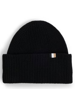 Hugo Boss Hats and Gloves-Ribbed beanie hat with signature-stripe trim-hugo boss store