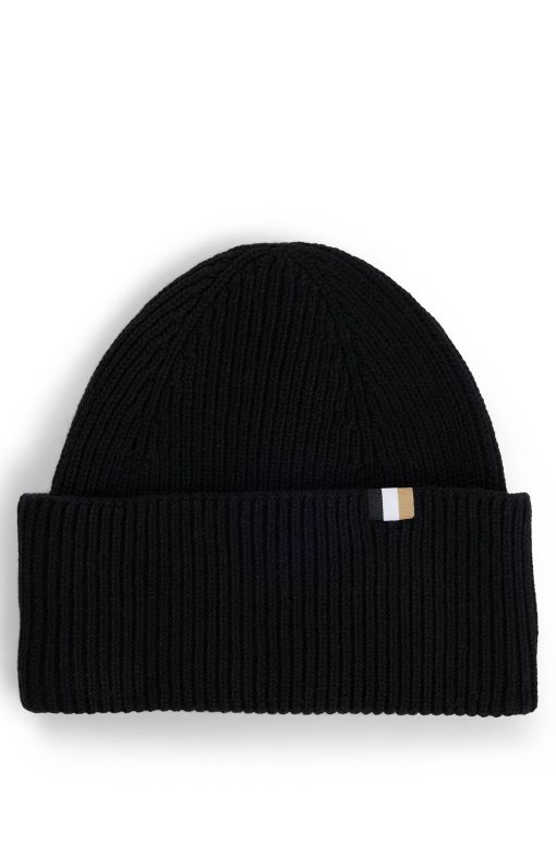 Hugo Boss Hats and Gloves-Ribbed beanie hat with signature-stripe trim-hugo boss store