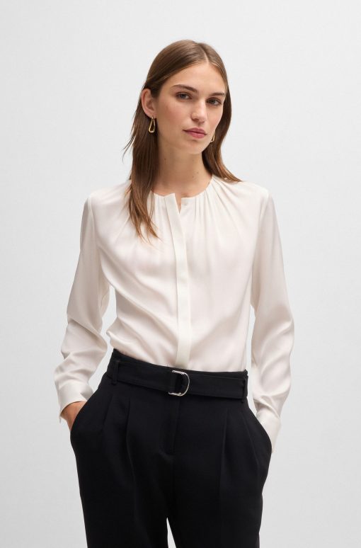 Hugo Boss Blouses-Ruched-neck blouse in stretch-silk crepe de Chine-hugo boss near me