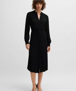 Hugo Boss Dresses-Belted dress with collarless V neckline and button cuffs-boss store near me 2