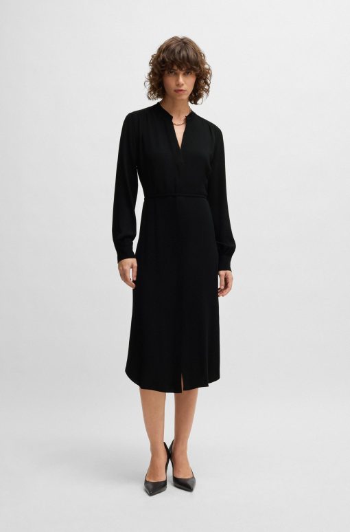 Hugo Boss Dresses-Belted dress with collarless V neckline and button cuffs-boss store near me - Image 2