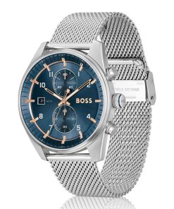 Hugo Boss Watches-Mesh-bracelet chronograph watch with blue dial-boss outlet 2