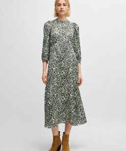 Hugo Boss Dresses-Long-sleeved dress in printed canvas with buttoned placket-boss hugo 2