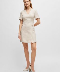 Hugo Boss Dresses-V-neck dress in melange tweed with hardware-button trims-hugo boss store