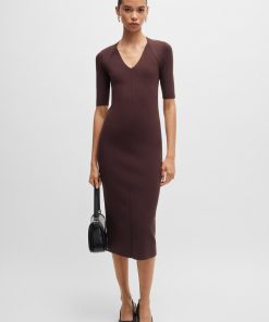 Hugo Boss Dresses-V-neck knitted dress with cropped sleeves-boss near me 2