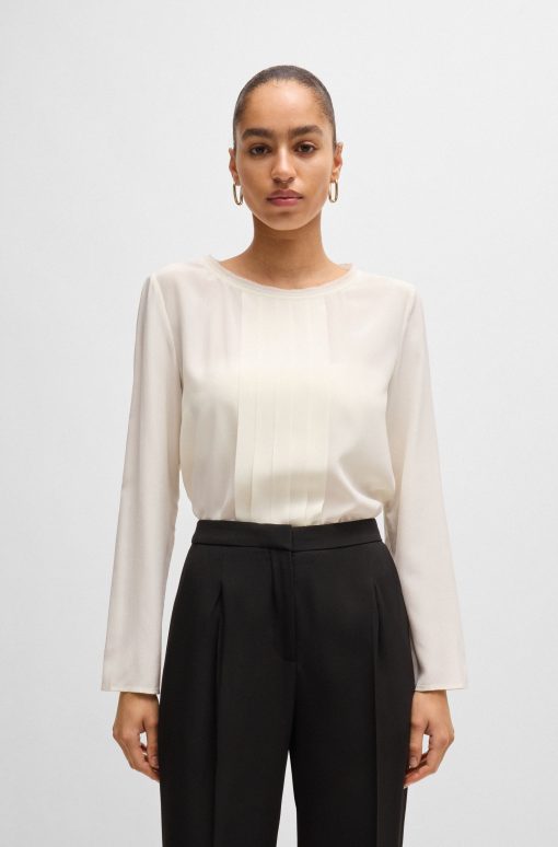 Hugo Boss Blouses-Long-sleeved blouse in washed silk with pleated front-boss hugo