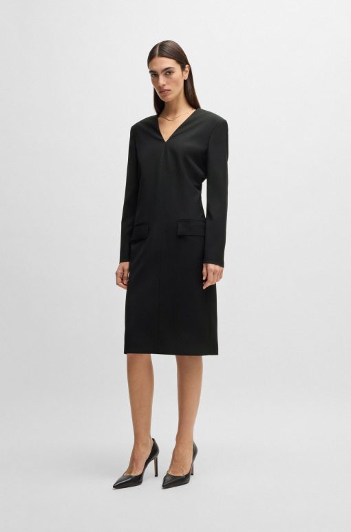 Hugo Boss Dresses-Tailored V-neck dress with flap pockets in relaxed fit-hugo - Image 2