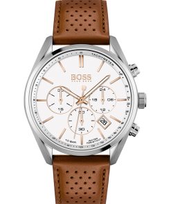 Hugo Boss Watches-White-dial chronograph watch with perforated leather strap-boss near me