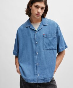 Hugo Boss Shirts-Oversize-fit short-sleeved shirt in blue cotton denim-boss outlet