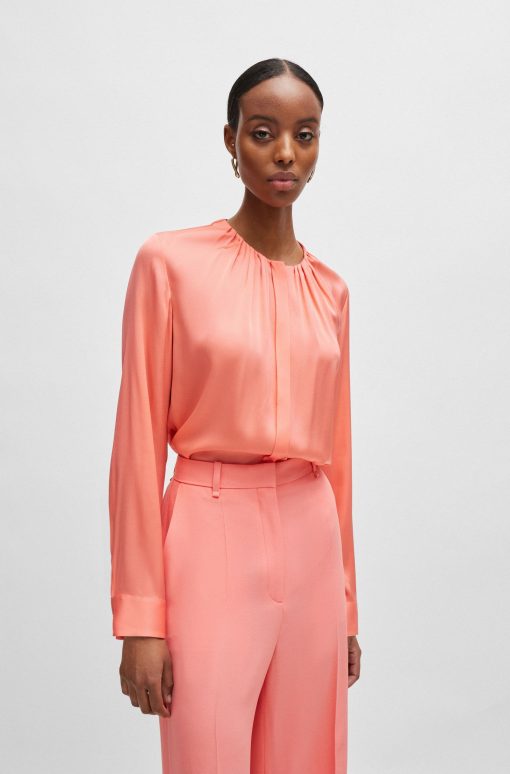 Hugo Boss Blouses-Ruched-neck blouse in stretch-silk crepe de Chine-boss hugo