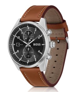 Hugo Boss Watches-Black-dial chronograph watch with brown leather strap-hugo boss outlet 2