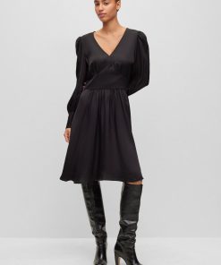 Hugo Boss Dresses-Long-sleeved dress in hammered satin with V neckline-boss store near me