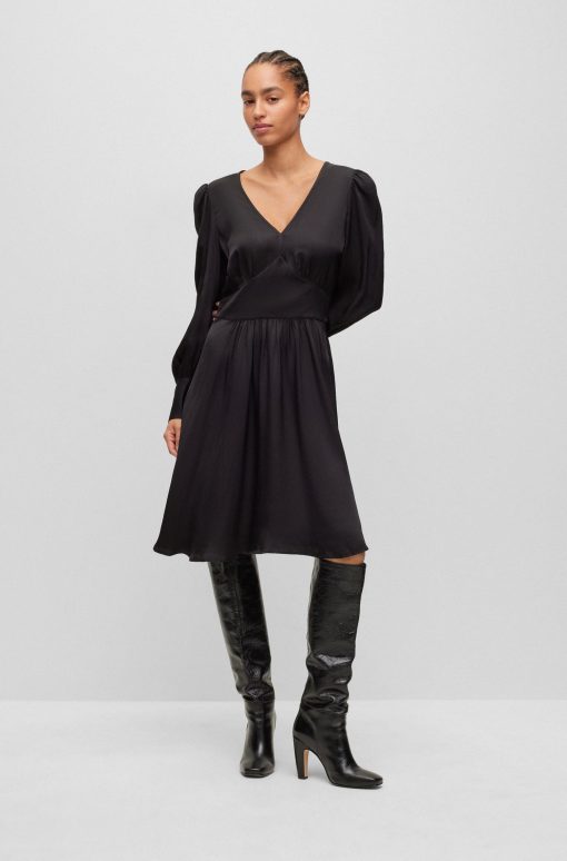 Hugo Boss Dresses-Long-sleeved dress in hammered satin with V neckline-boss store near me