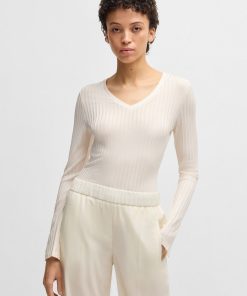 Hugo Boss Tops-Long-sleeved V-neck top in lustrous ribbed jersey-hugo