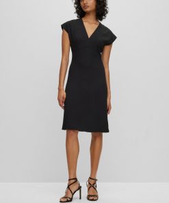 Hugo Boss Dresses-Slim-fit V-neck dress with cap sleeves-hugoboss