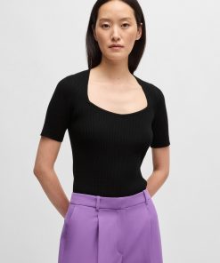 Hugo Boss Sweaters and Cardigans-Square-neck short-sleeved sweater in ribbed stretch fabric-boss store near me