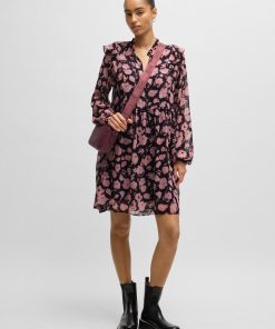 Hugo Boss Dresses-Printed dress with ruffle trims and button cuffs-boss store near me