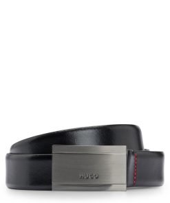 Hugo Boss Belts-Leather belt with branded gunmetal plaque buckle-hugo boss near me