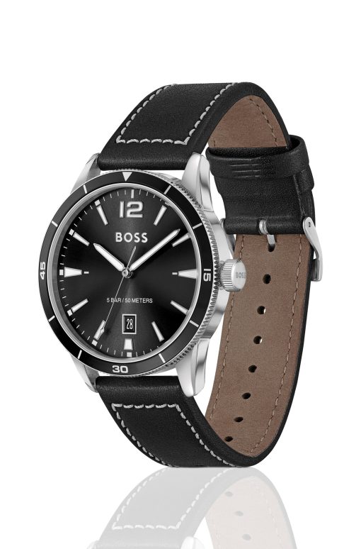 Hugo Boss Watches-Leather-strap watch with black dial-boss outlet - Image 2