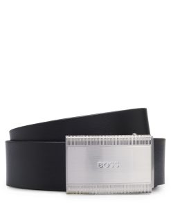 Hugo Boss Belts-Fine-grain leather belt with branded plaque buckle-hugoboss