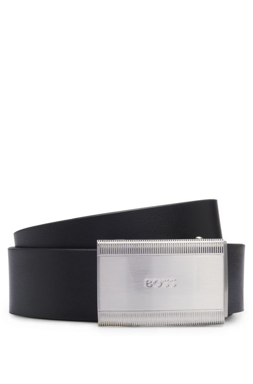 Hugo Boss Belts-Fine-grain leather belt with branded plaque buckle-hugoboss