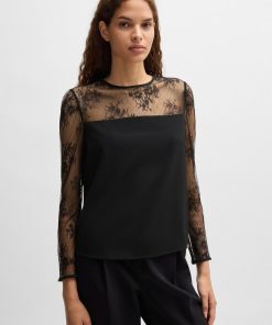 Hugo Boss Blouses-Regular-fit collarless blouse with lace trim-boss store near me