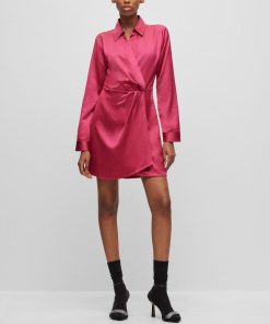 Hugo Boss Dresses-Long-sleeved dress in satin with wrap front-hugoboss 2