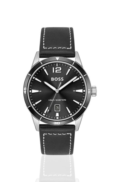 Hugo Boss Watches-Leather-strap watch with black dial-boss outlet