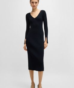 Hugo Boss Dresses-Long-sleeved V-neck dress with ribbed knit-hugo by hugo boss