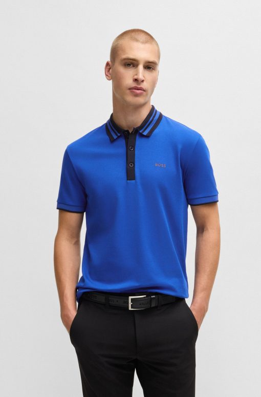 Hugo Boss Polo Shirts-Interlock-cotton polo shirt with striped collar-boss outlet