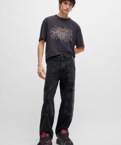 Hugo Boss Pants-Loose-fit jeans in black denim with adjustable hems-hugo boss store near me 2