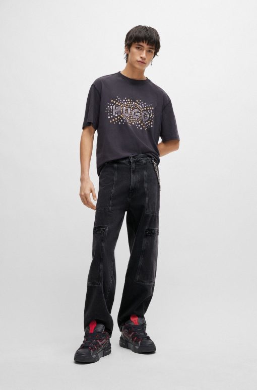 Hugo Boss Pants-Loose-fit jeans in black denim with adjustable hems-hugo boss store near me - Image 2