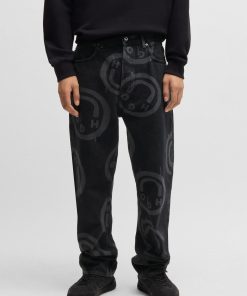 Hugo Boss Pants-Black baggy-fit jeans with Happy HUGO print-hugo boss sale