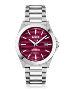 Hugo Boss Watches-Silver-tone watch with burgundy grooved dial-hugo boss sale